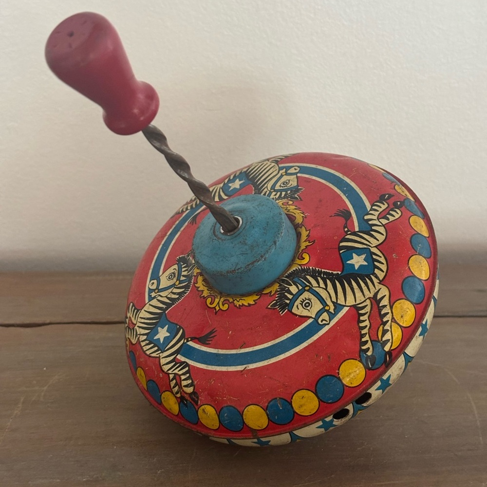 Vintage Ohio Art 1940’s Zebra Tin Litho Spinning Toy Top - Still Working